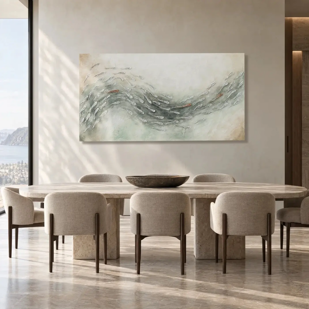 Quadro Materico verde salvia con pesci VORTEX GREEN AGAVE by Alessandro Vinci - 150x80 cm - spedizione inclusae