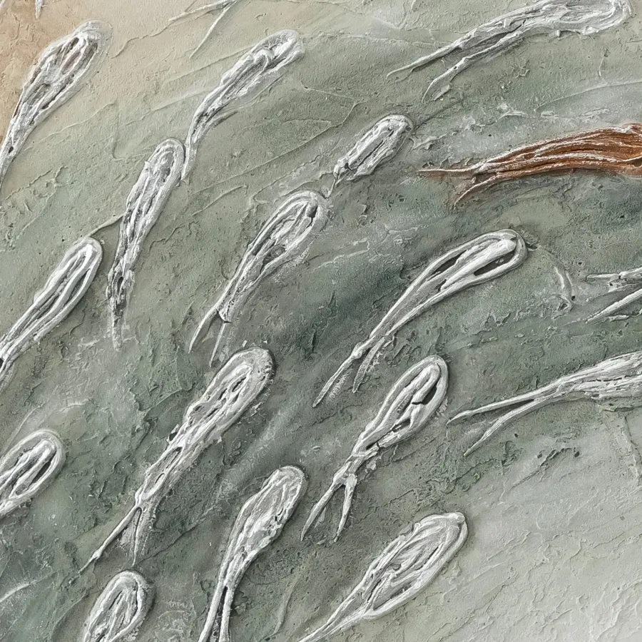 Quadro Materico verde salvia con pesci VORTEX GREEN AGAVE by Alessandro Vinci - 150x80 cm - spedizione inclusae