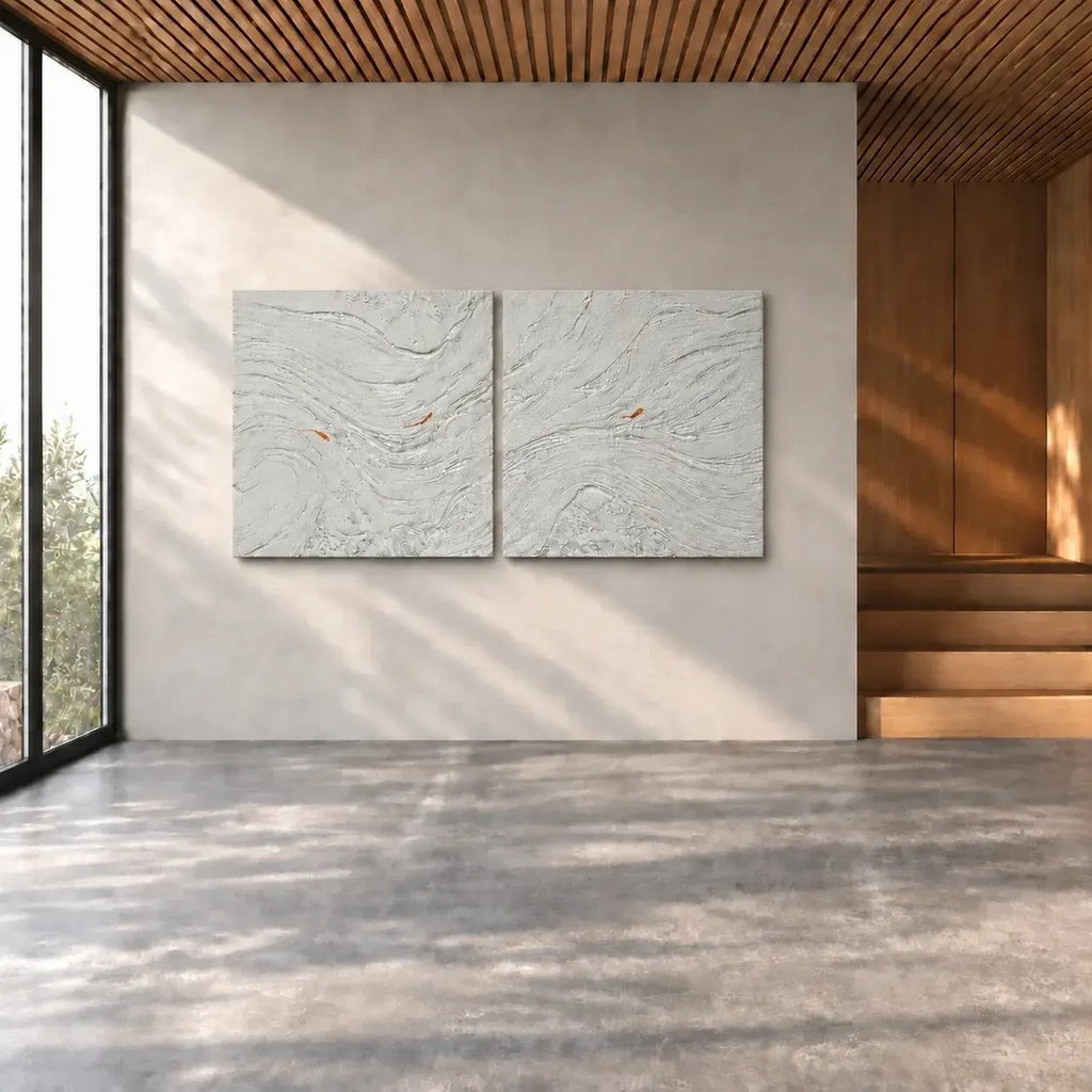 Quadro astratto materico argento SILVER FLOW – SET 2 PZ 100×100 cm - By Alessandro Vinci - totale 200x100cm spedizione inclusa